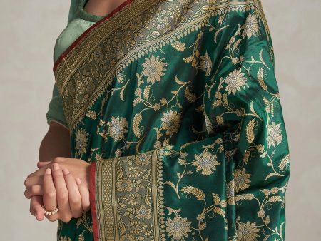 Ashwini  Bottle Green Pure Katan Silk Banarasi Handloom Saree Sale