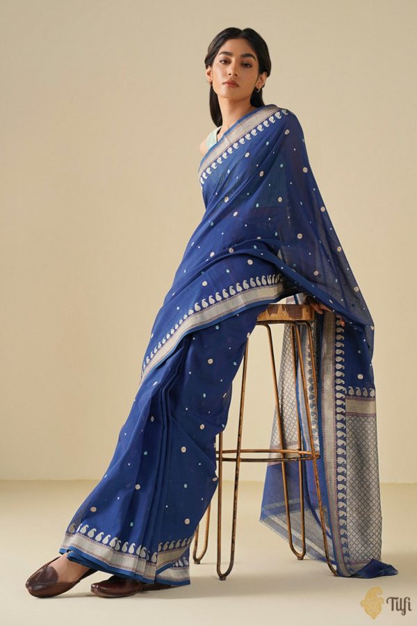 Navy Blue Pure Cotton Banarasi Kadhua Handloom Saree Discount