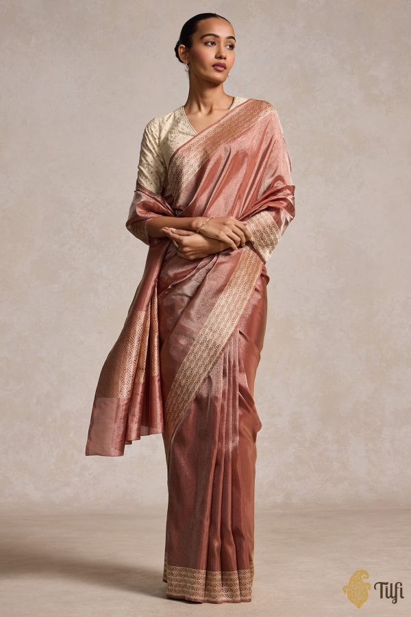 Dark Copper Pure Ektara Silk Tissue Banarasi Handloom Saree Discount