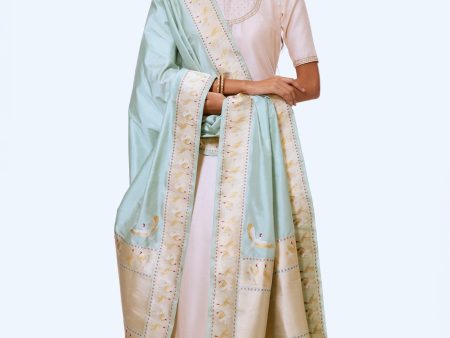 Pre-Order:  Hamsa Vilasa  Pastel Blue Pure Katan Silk Banarasi Handloom Dupatta Online Sale