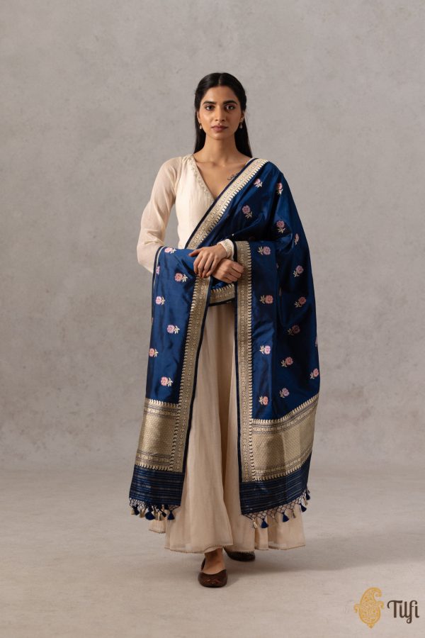 Navy Blue Pure Katan Silk Banarasi Handloom Dupatta Discount