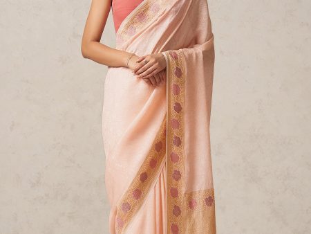 Peach Pure Khaddi Georgette Banarasi Handloom Saree Online Sale