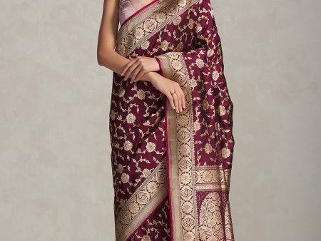 Arya  Deep Maroon Pure Katan Silk Banarasi Handloom Saree Discount