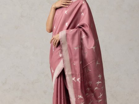 Rosy Pink Pure Kora by Cotton Satin Banarasi Handloom Saree Online now