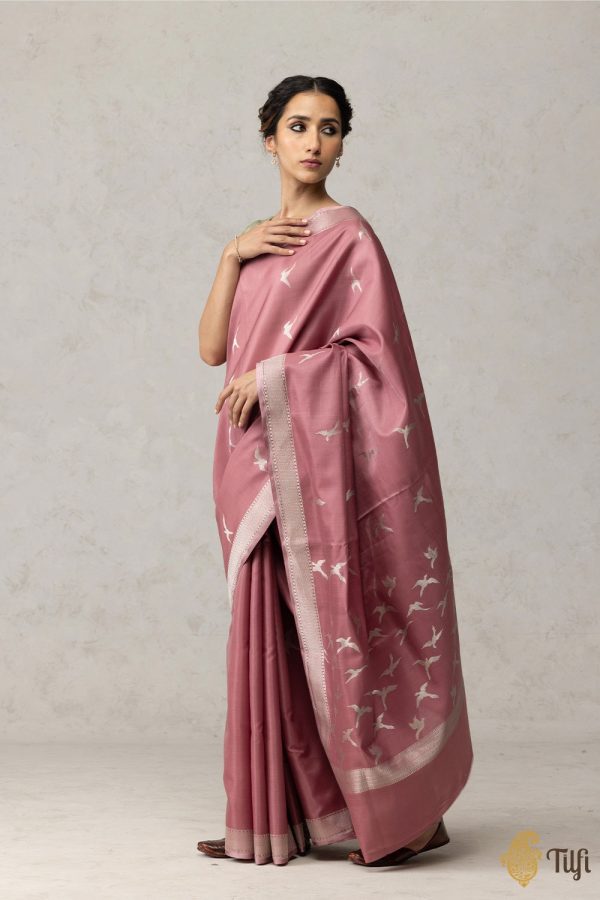 Rosy Pink Pure Kora by Cotton Satin Banarasi Handloom Saree Online now