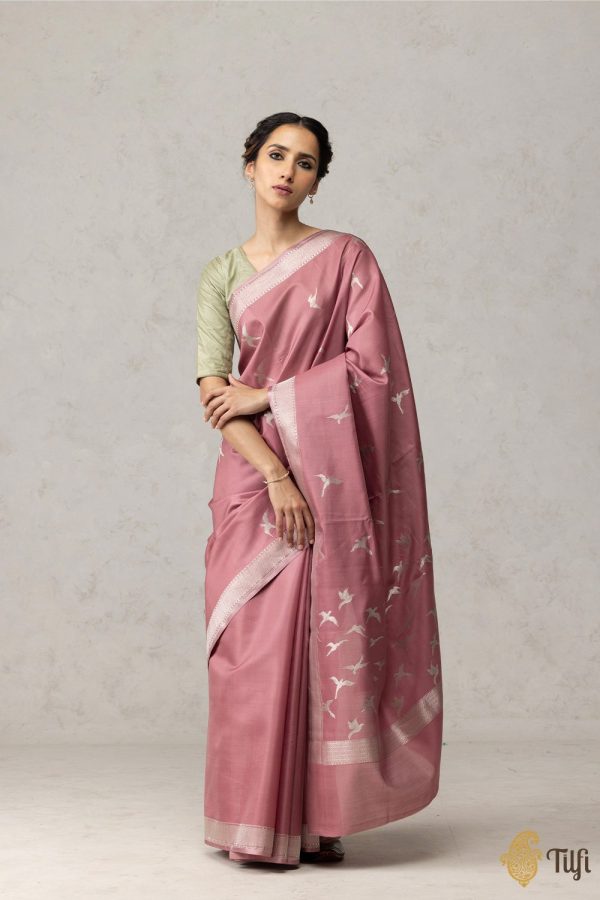 Rosy Pink Pure Kora by Cotton Satin Banarasi Handloom Saree Online now