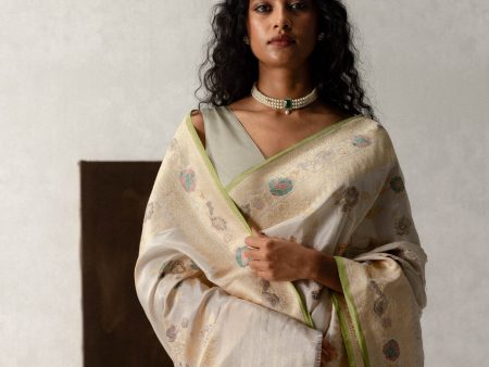 Urja  Off-White Katan Silk by Tissue Kadwa Meena Jangla Saree on Sale