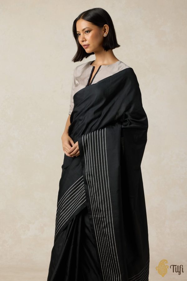 Nocturne  Black Pure Silk Twill Banarasi Handloom Saree For Sale