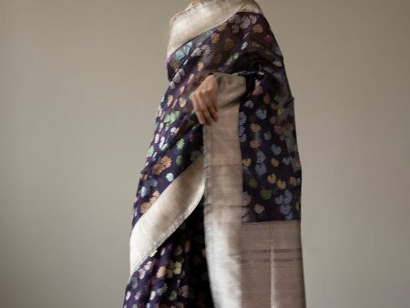 A Floral Treat  Deep Purple-Blue Pure Kora Silk Banarasi Handloom Saree For Discount