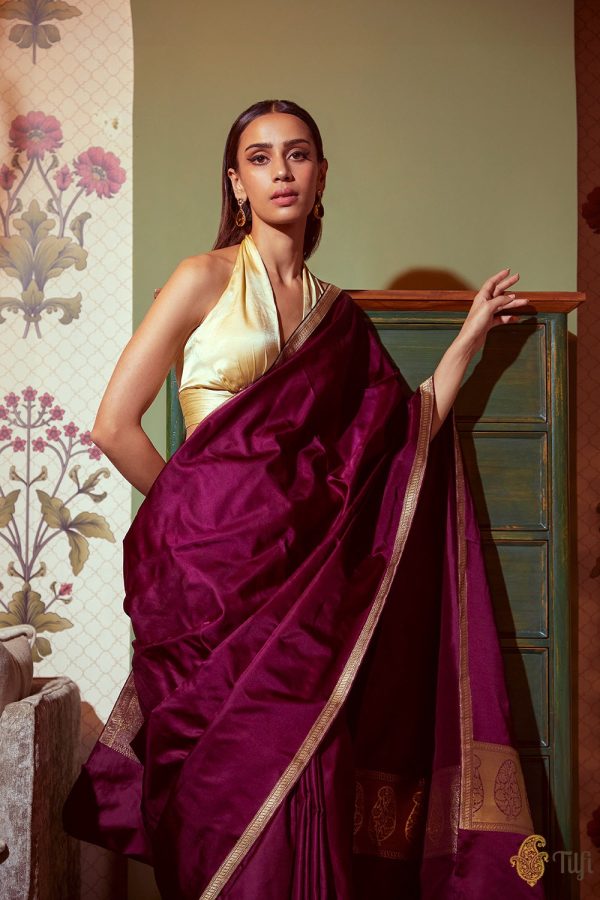 Kamakshi  Deep Cherry Purple Pure Soft Satin Silk Banarasi Handloom Saree Online Sale