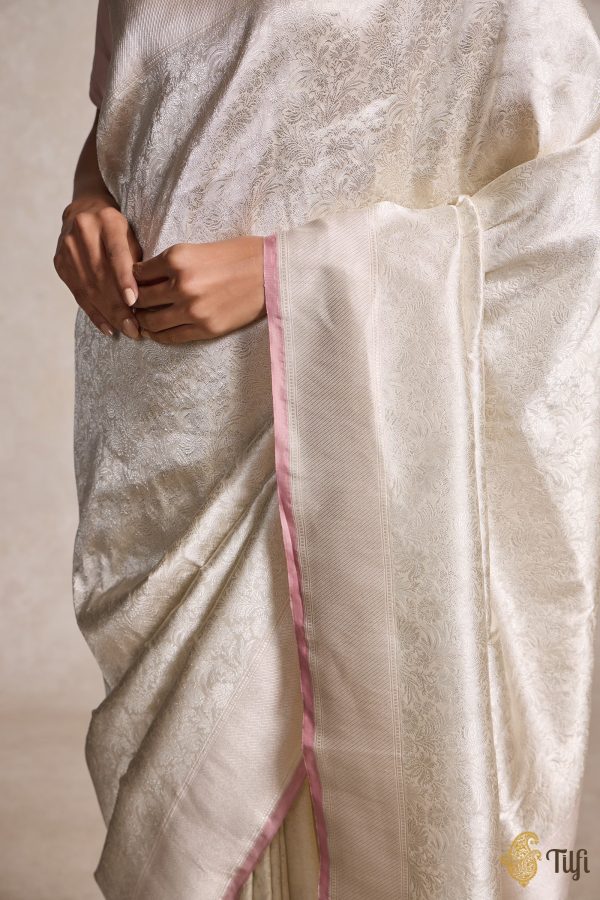 Pre-Order: White Pure Katan Silk Banarasi Handloom Saree Cheap