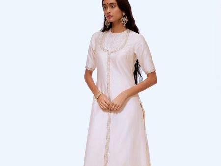 Off-White Pure Silk by Cotton Hand-Embroidered Kurta Churidar Suit Set For Sale