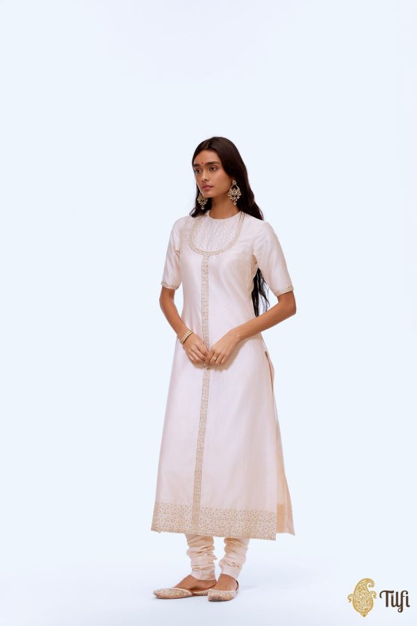 Off-White Pure Silk by Cotton Hand-Embroidered Kurta Churidar Suit Set For Sale