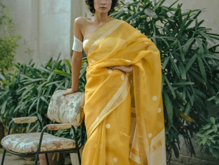 Yellow Pure Kora Silk Banarasi Handloom Saree For Discount