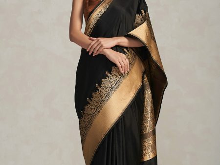 Black Pure Satin Silk Banarasi Handloom Saree on Sale