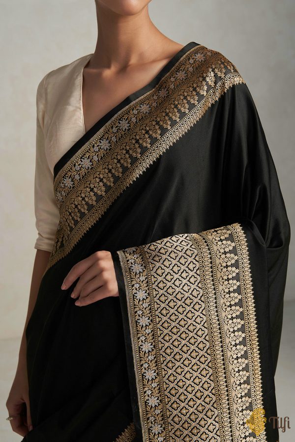 Uma  Black Pure Soft Satin Silk Banarasi Handloom Saree Sale