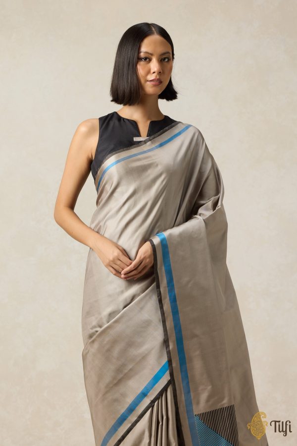 Adagio  Taupe Grey Pure Silk Twill Banarasi Handloom Saree Online now