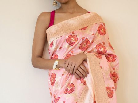 A Bed of Roses  Ivory-Pink Pure Katan Silk Banarasi Handloom Saree Supply