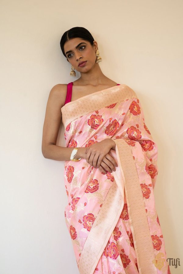 A Bed of Roses  Ivory-Pink Pure Katan Silk Banarasi Handloom Saree Supply