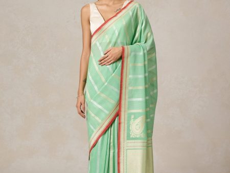 Sea Green Pure Cotton Banarasi Kadhua Handloom Saree For Discount