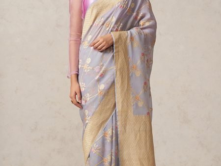 Pre-Order: Blue-Grey Pure Khaddi Georgette Banarasi Handloom Saree Online