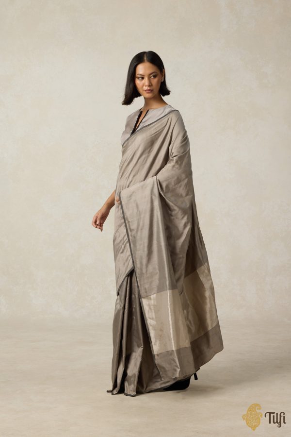 Symphony  Grey-Beige Pure Silk Twill Banarasi Handloom Saree For Sale