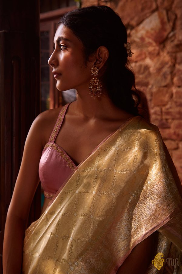 Aurumi  Gold Pure Katan Silk Tissue Banarasi Handloom Saree on Sale