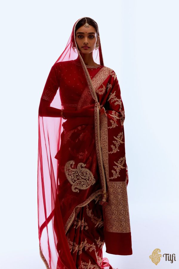 Red Hand-Embroidered Pure Silk Organza Signature Odhani on Sale