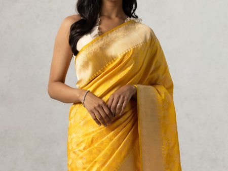 Yellow Pure Soft Satin Silk Banarasi Handloom Saree on Sale