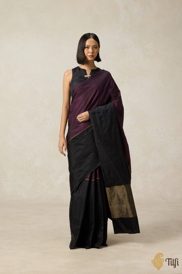 Pre-Order:  Serenade  Plum Purple-Black Pure Silk Twill Banarasi Handloom Saree Online now