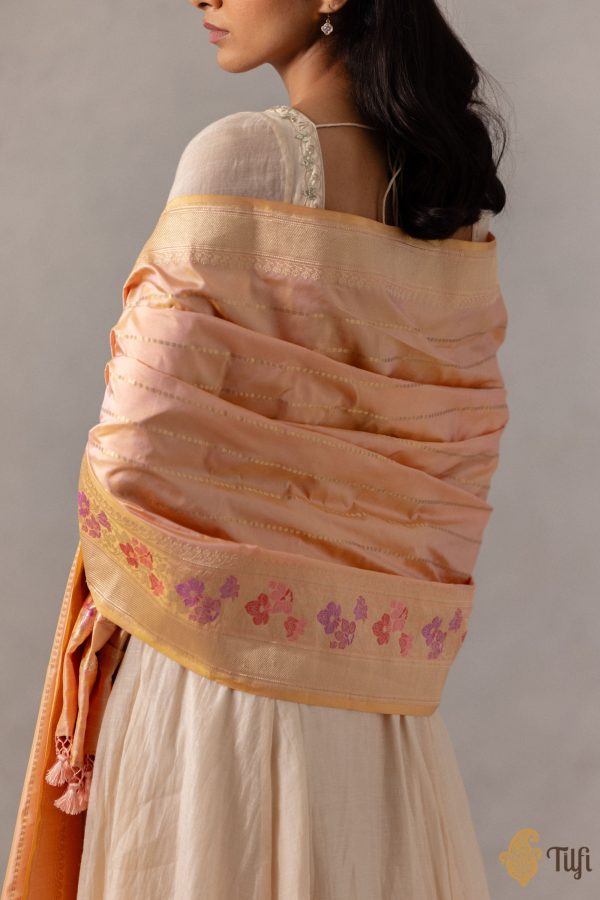 Peach Pure Katan Silk Banarasi Handloom Dupatta on Sale