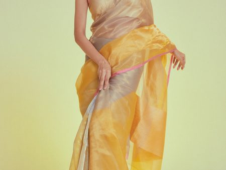 Yellow-Grey Pure Kora Silk Tissue Banarasi Handloom Saree on Sale