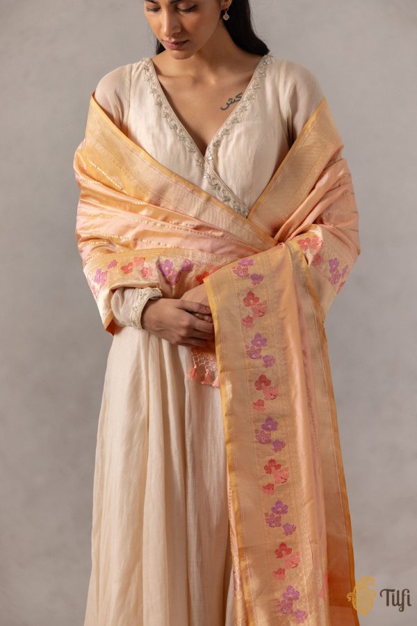 Peach Pure Katan Silk Banarasi Handloom Dupatta on Sale