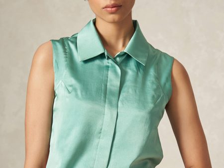 Turquoise Pure Satin Silk Shirt Style Collared Button Down Blouse Online now