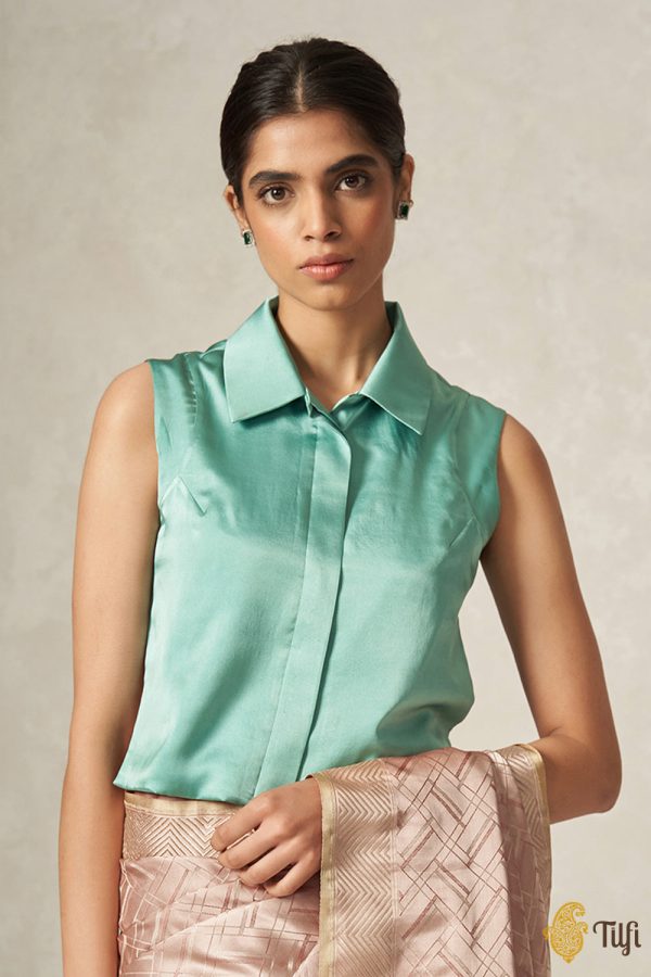 Turquoise Pure Satin Silk Shirt Style Collared Button Down Blouse Online now