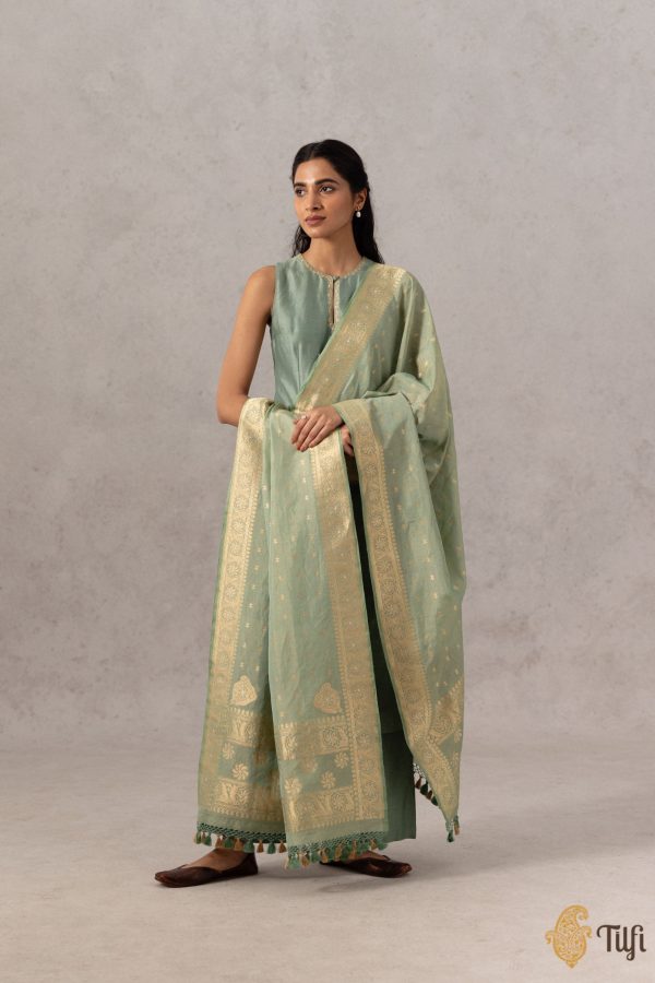 Green Pure Cotton Tissue Banarasi Handloom Dupatta Online Sale