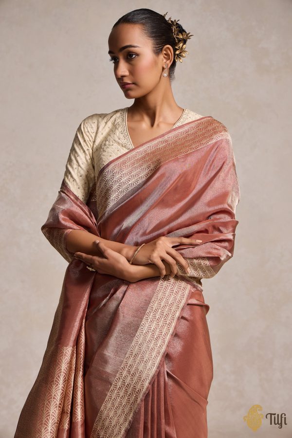 Dark Copper Pure Ektara Silk Tissue Banarasi Handloom Saree Discount