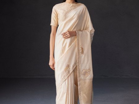 Pre-Order:  Pride of Lions  Off-White Pure Katan Silk Banarasi Shikargah Handloom Saree Cheap