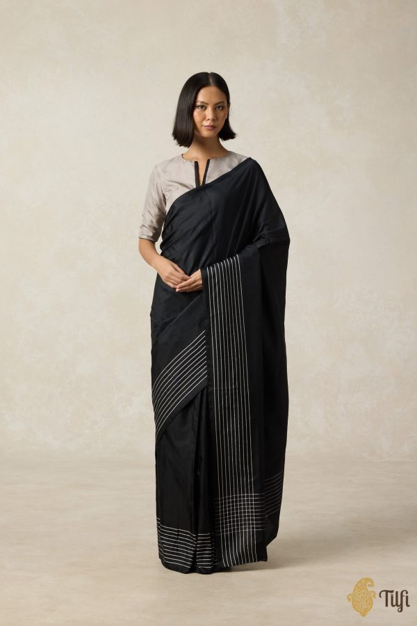 Nocturne  Black Pure Silk Twill Banarasi Handloom Saree For Sale