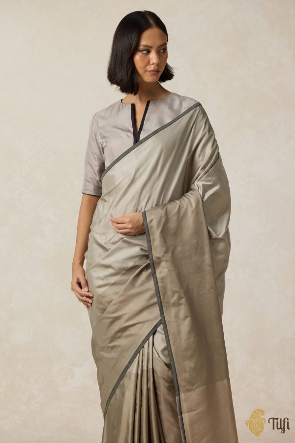 Serenade  Sage-Grey Pure Silk Twill Banarasi Handloom Saree Online now