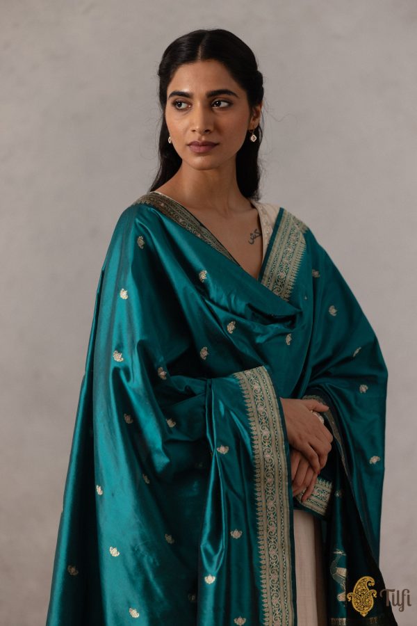 Black-Aqua Green Pure Katan Silk Banarasi Handloom Dupatta Online Sale