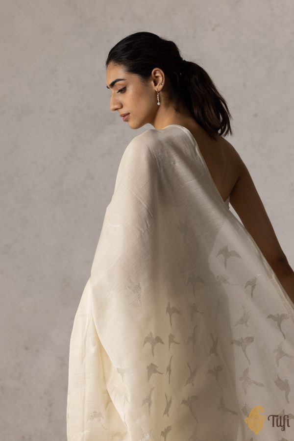 Off White Pure Kora By Cotton Satin Banarasi Handloom Saree Sale