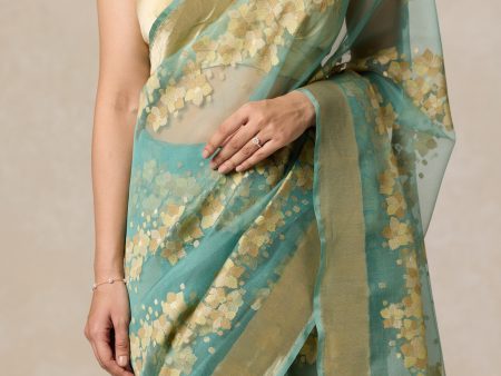 A Flourish of Primroses  Teal Blue Pure Kora Silk Net Banarasi Handloom Saree For Discount