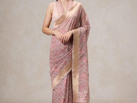 A Cascade of Geraniums  Pastel Pink Pure Kora Silk Net Banarasi Handloom Saree Online now