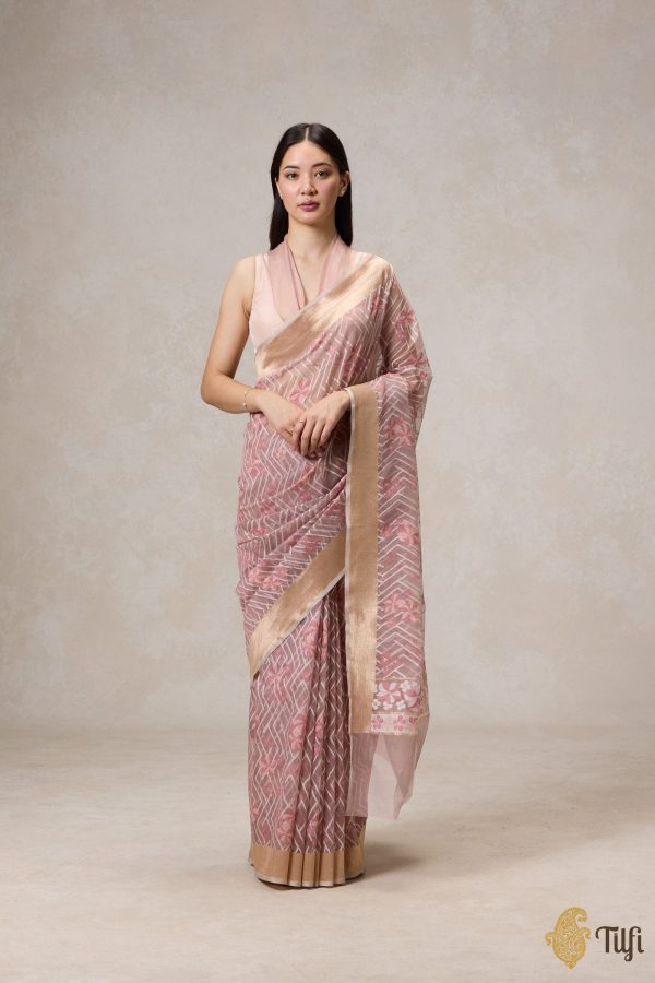 A Cascade of Geraniums  Pastel Pink Pure Kora Silk Net Banarasi Handloom Saree Online now