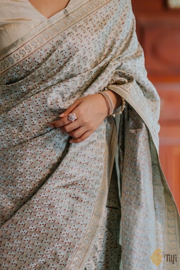 Silver Grey Pure Soft Satin Silk Banarasi Handloom Saree Online Sale