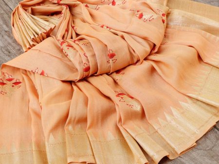 Apricot Pure Monga Silk Banarasi Handloom Saree Supply