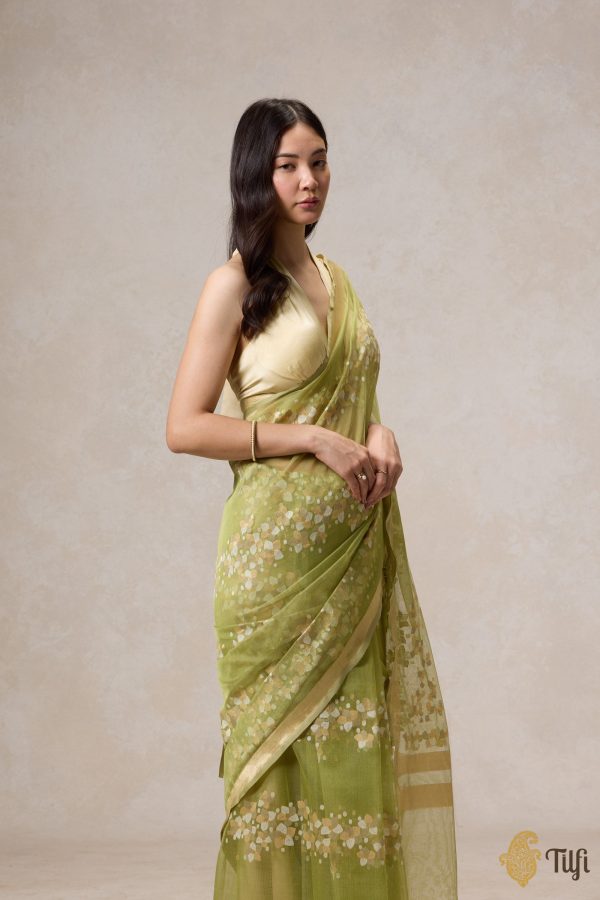 A Flourish of Primroses  Green Pure Kora Silk Net Banarasi Handloom Saree Sale