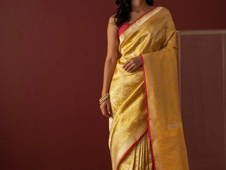 Yellow Pure Katan Silk Banarasi Zari Vasket Handloom Saree Sale