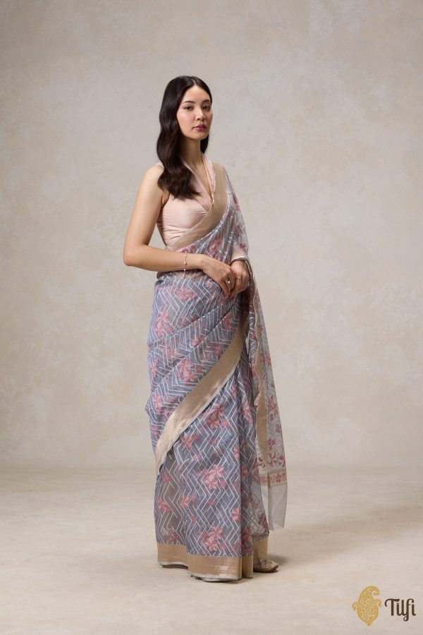 A Cascade of Geraniums  Grey Pure Kora Silk Net Banarasi Handloom Saree Online Sale